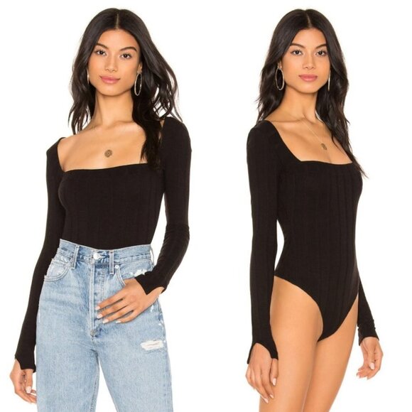 Free People Black Square Neck Ribbed Knit Bodysuit Revolve Size XS Beside Me Rib - Picture 1 of 14